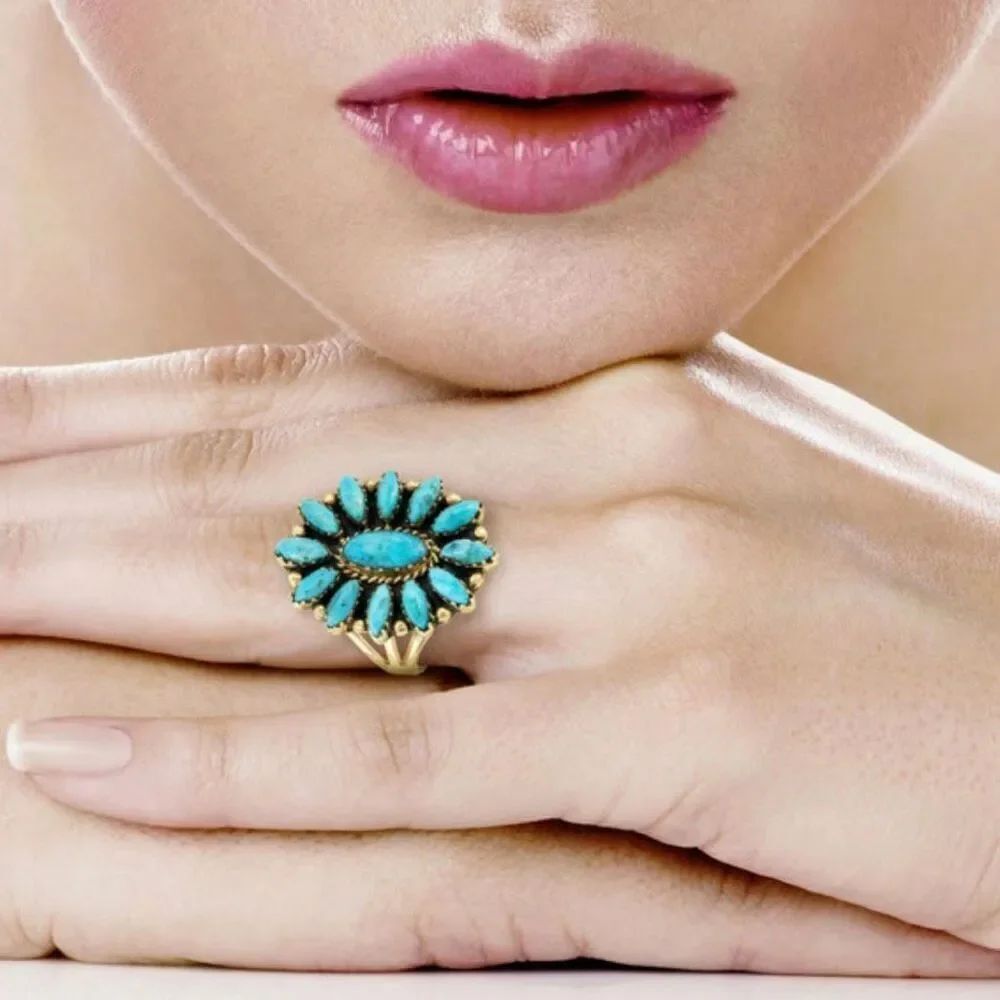 Large Turquoise Cluster Statement Ring - Gold Tone Marquise Southwest Sunburst - Picture 2 of 5